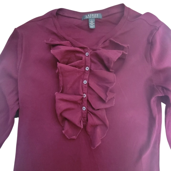 Lauren Ralph Lauren Tops - Vintage Lauren Ralph Lauren Womens (L) Burgundy Ribbed Ruffle Neck Lg Sleeve Top